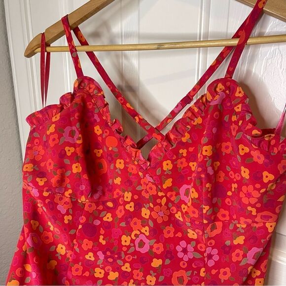 Y2K Express Pink Orange Floral Ruffle Racerback Babydoll Mini Dress Sz 8 Girly - Picture 2 of 6